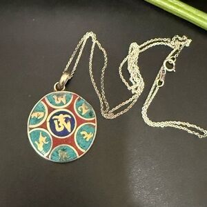 Handmade Tibetan OM Mantra Pendant Turquoise Lapis Coral Inlay 925 Silver Chain